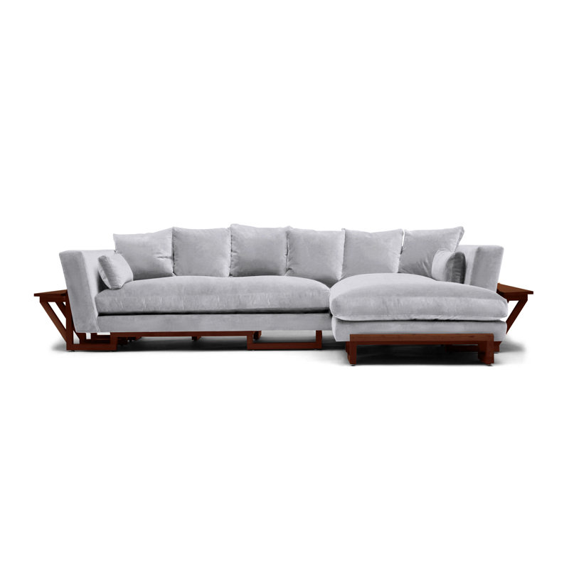 LRG Chaise Sectional, Right Side Tray, Solid Walnut, Dove Gray Velvet