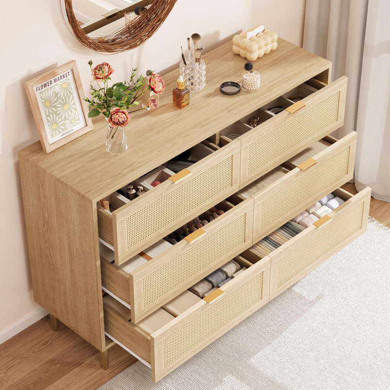 Commode 6 tiroirs en rotin, commode en bois de ferme avec 5 pieds en métal, poignées dorées, commode large double pour chambre à coucher, salon, blanc