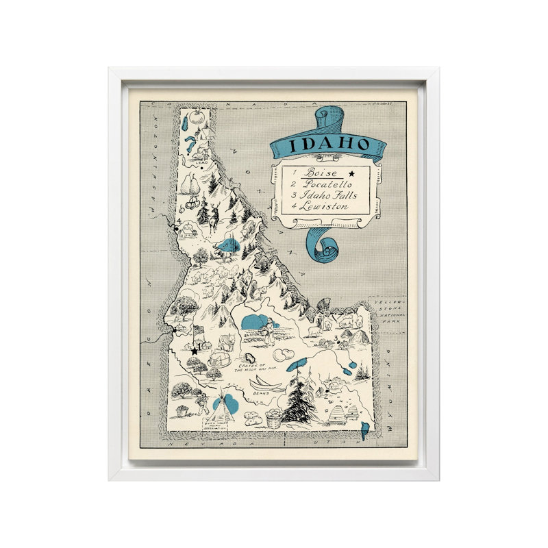 Carte illustrée de l'Idaho, Canevas, 24"H x 32"W, Encadrement blanc