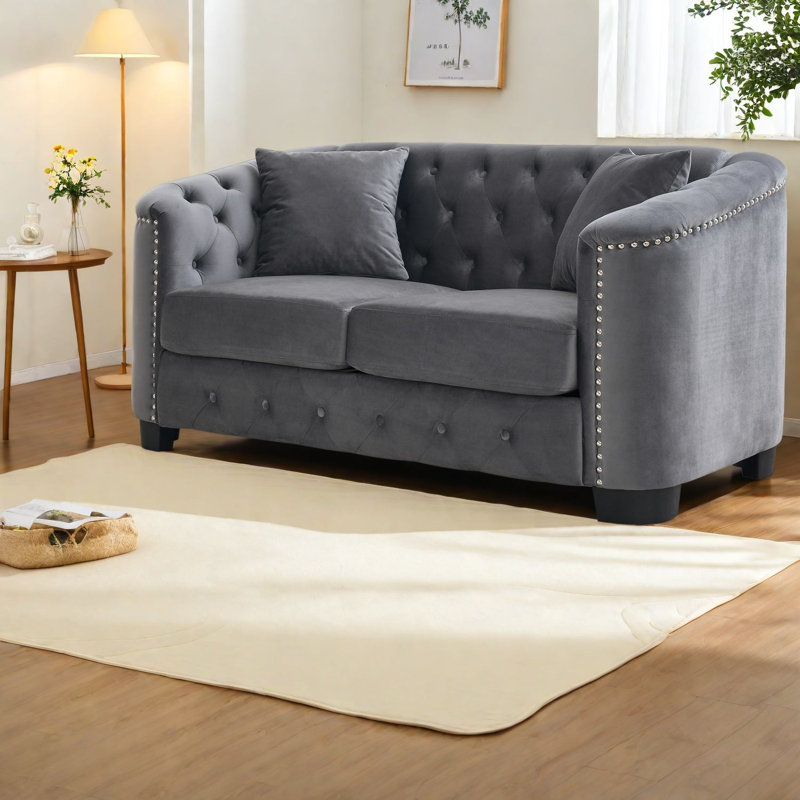 Canapés à compression, Chesterfield en velours gris de 150 cm, style moderne et compact pour la maison