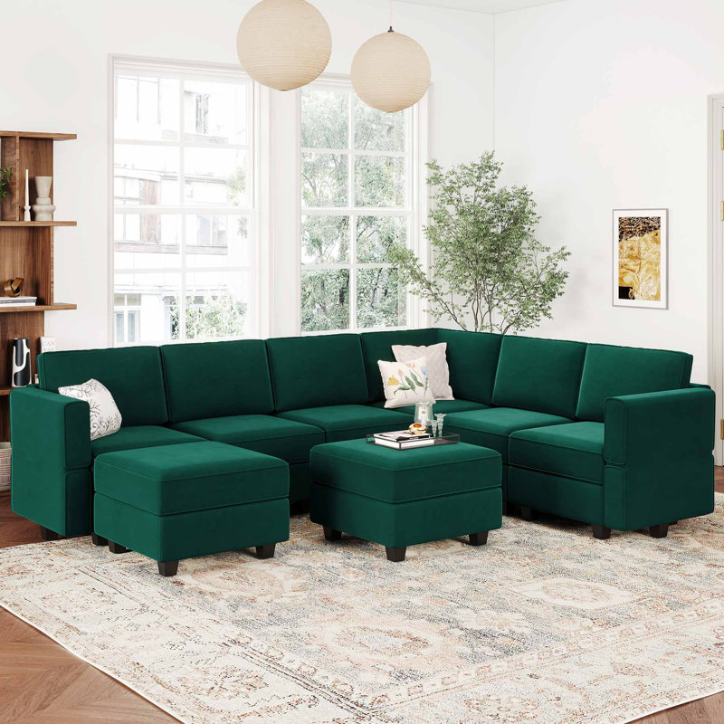 Ridoy 9-Piece Velvet Convertible Modular Sofa Sectional Livingroom Sofa Set, 8 Storage Ottomans with 7 Backrest, Green Velvet