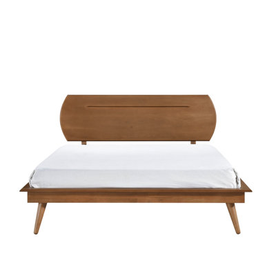 Lit plateforme double avec tête de lit ovale arrondie et finition en bois brun
