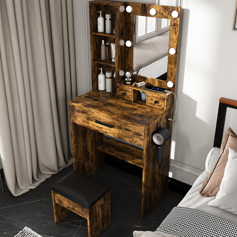 Table de coiffeuse rétro avec éclairage à DEL réglable, prise de courant, support pour sèche-cheveux et tabouret rembourré - une option peu encombrante pour les petites chambres, avec 1 grand 2 tiroirs compacts, étagère ouverte