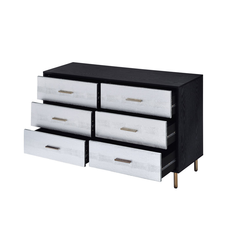 Commode rectangulaire à 6 tiroirs, Noir / argenté