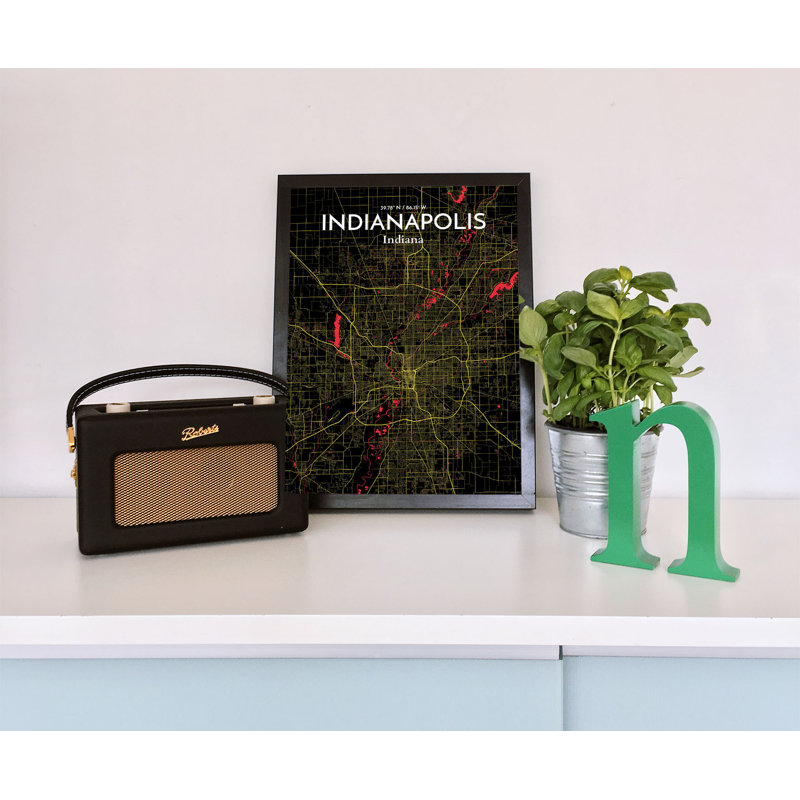 «Indianapolis City Map», reproduction d'impression sur affiche en noir, H 24 po x l 18 po