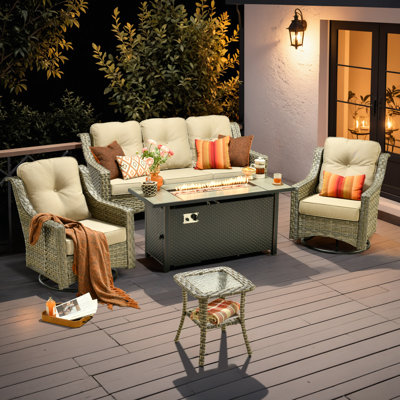 Emanuell 5 - Person Wicker Outdoor Conversation Set, Patio Sofa & Swivel Chair Set with Fire Pit and Cushions