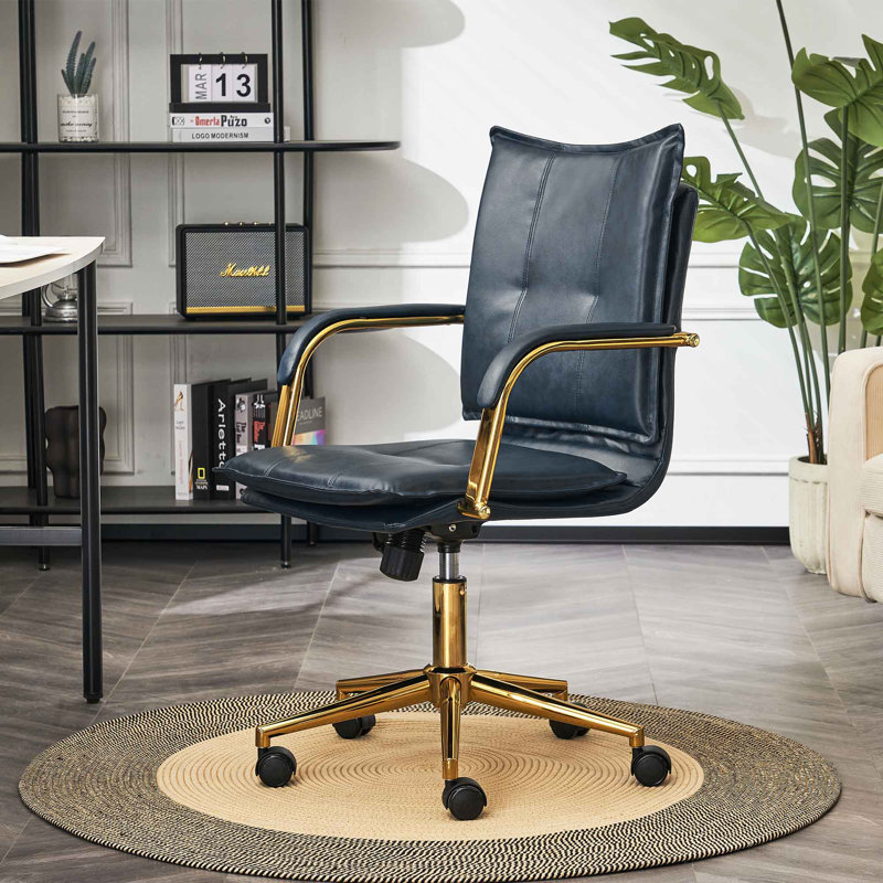 Chaise de travail en cuir avec accoudoirs rembourrés Abba, Bleu très foncé
