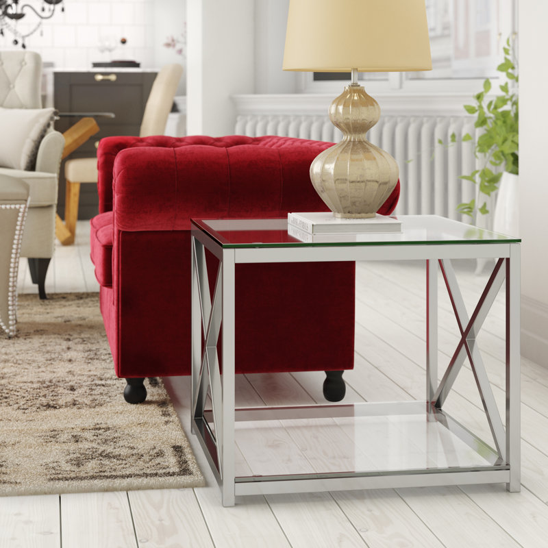 Almaguer Glass Top End Table, Chrome Coloured