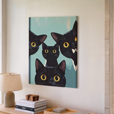 «Curious Cat Trio Whimsical Peeking Feline Ever Get the Feeling», art mural sur toile prêt à être accroché à la galerie, décoration de qualité supérieure