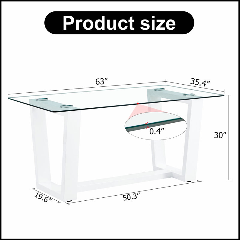 Table de salle à manger rectangulaire moderne avec plateau en verre trempé et support en bois aggloméré blanc élégant pour 6 à 8 personnes