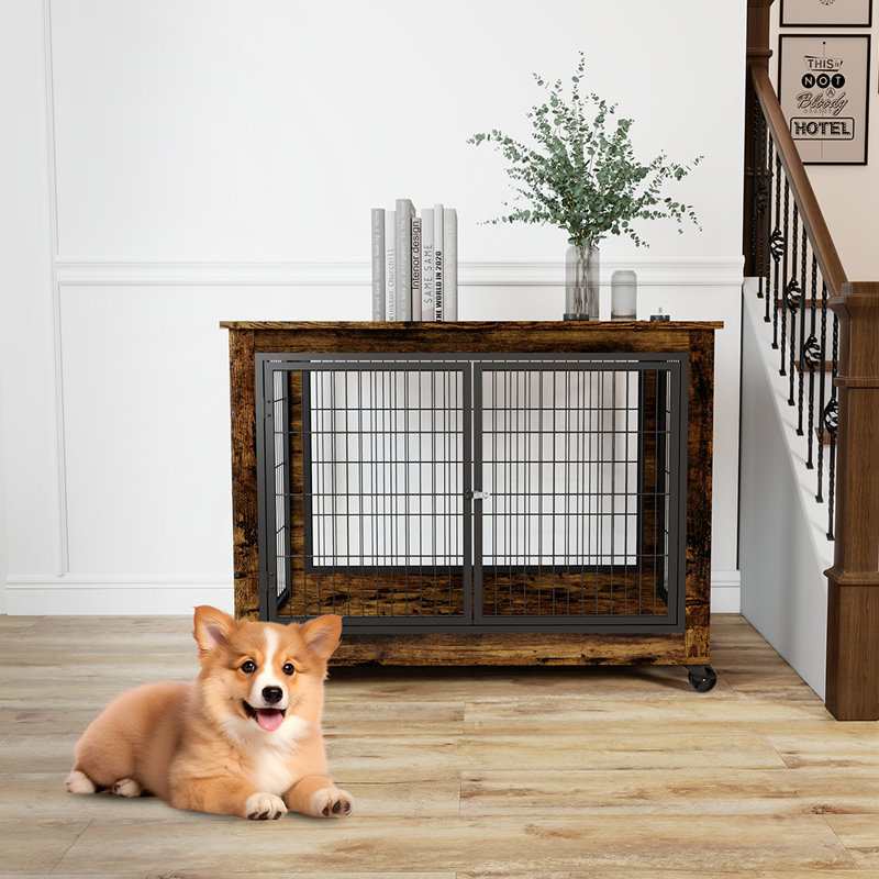 Table d'appoint pour chien avec roulettes doubles et plateau relevable, H 24,8 po x l 22,05 po x P 31,5 po, Brun