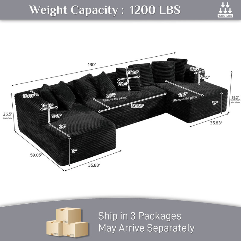 Canapé modulaire surdimensionné avec coussins Adame Boneless Compression, Velours côtelé noir, En form de U, Réversible