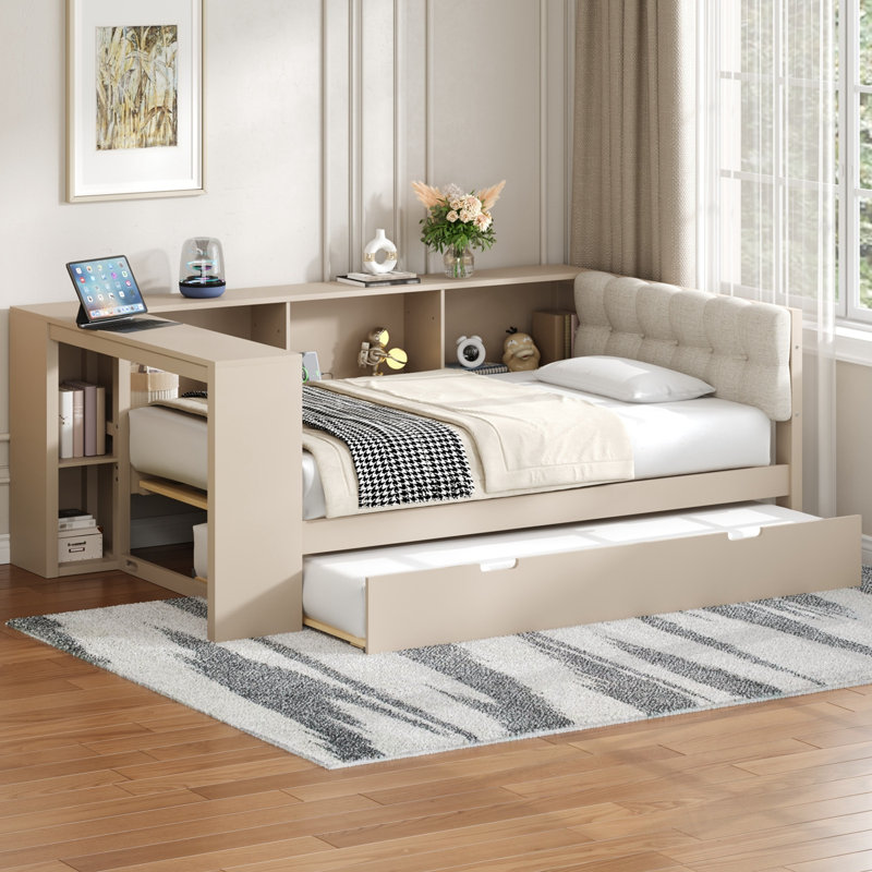 Lit de jour double en bois avec tablettes de rangement, lit gigogne et station de recharge, Cream
