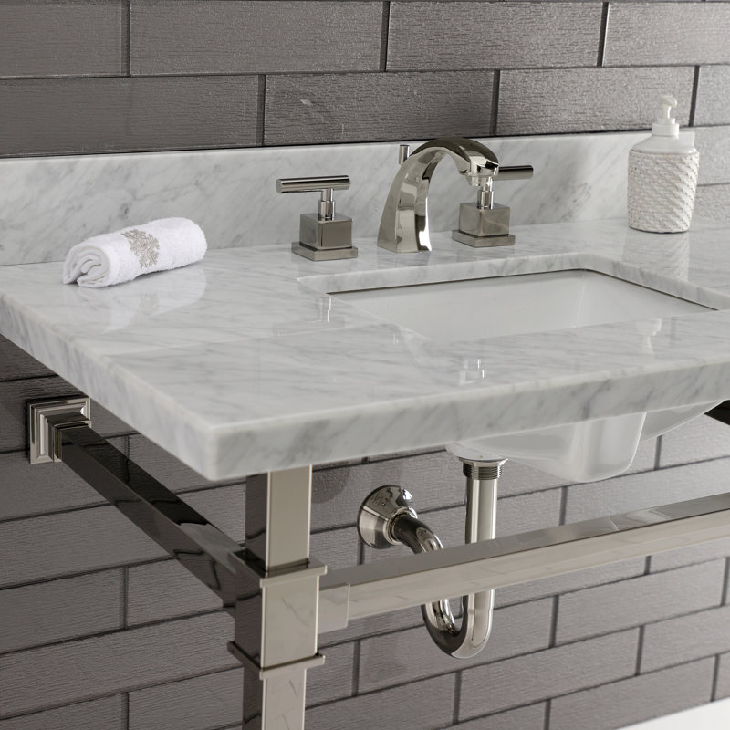 Kingston Brass Monarch 36-Inch Carrara Marble Console Sink with Stainless Steel Legs (8-Inch, 3-Hole)