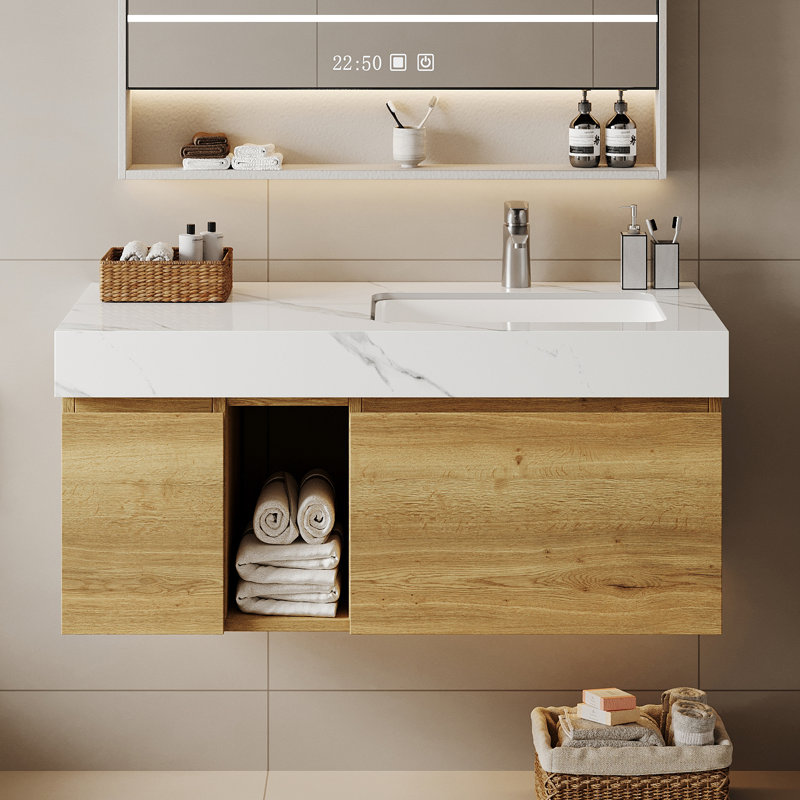 Meuble-lavabo mural simple 47,6 po avec 2 tiroirs flottants modernes en bois massif, Blanc, Retro, 36"