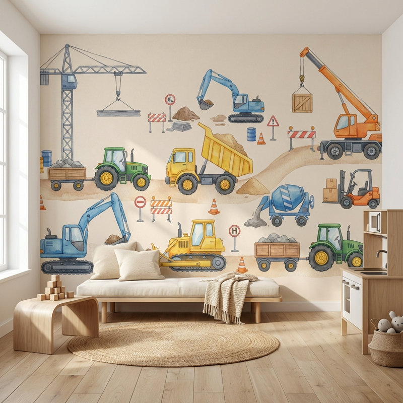 Papier peint mural ludique à motifs de véhicules de chantier, 80"x96", Peel and Stick