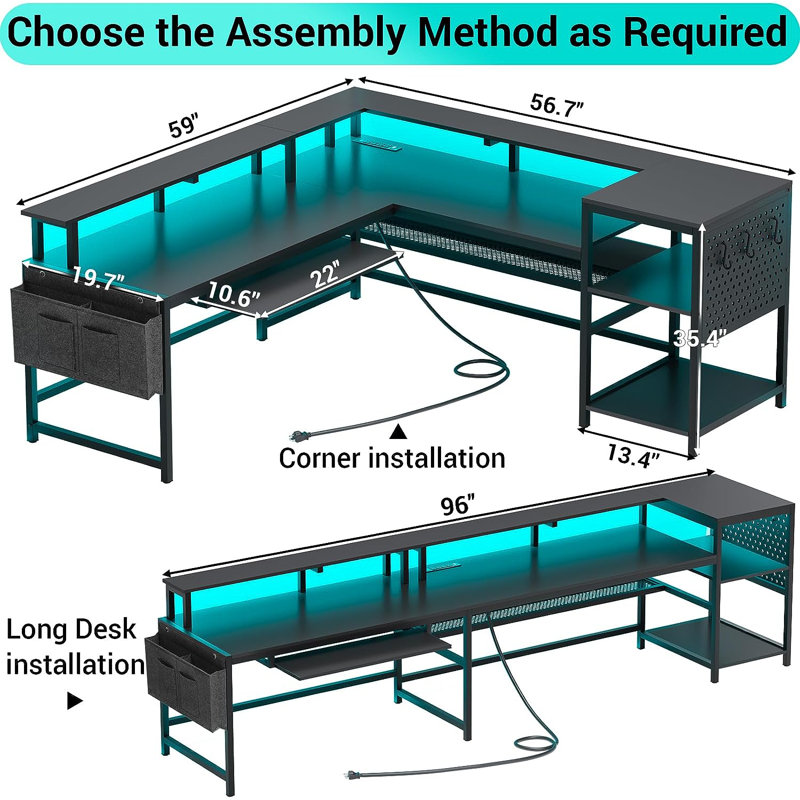 Larrie 59.01'' W Rectangle Computer Desk L-Shaped Computer Desk with Power Outlet and USB Ports, Black