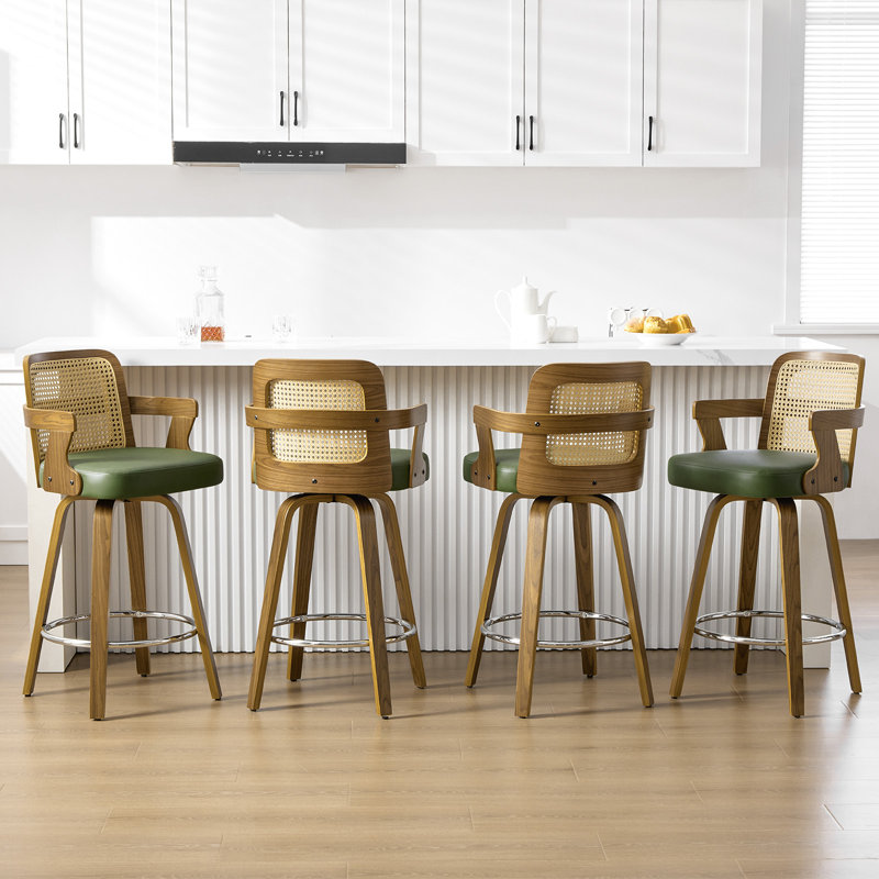 Upholstered Cane Back Counter & Bar Stool With Armrest, 2, Green, Counter Stool (26" Seat Height)