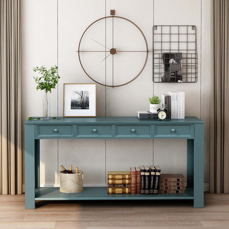 Console, canapé, foyer avec tiroirs de rangement et tablette inférieure, Bleu rétro