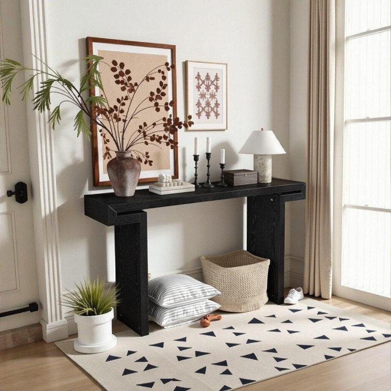 Console de 60 pouces avec rangement ouvert, fabrication en placage de bois massif, Noir