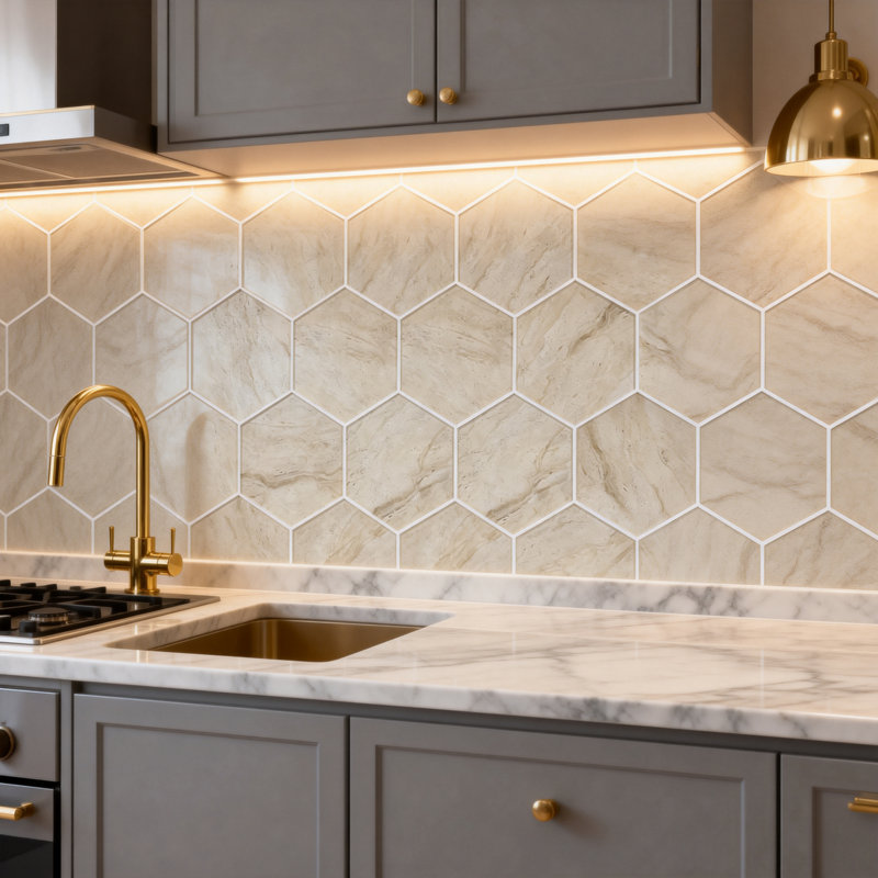 Nature 8 in. x 8 in. Marble Look Glass Straight Edge Large Format Hexagon Decorative Kitchen & Bathroom Wall Tile