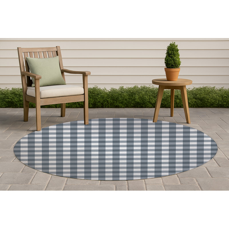 Proper Gingham Non-Slip Outdoor Rug, Round 5'