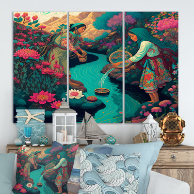 «South American Villagers By The River», reproduction sur toile 3 pièces