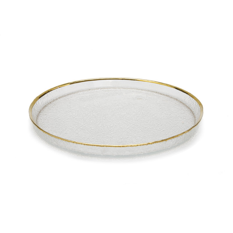 S/4 Pebbled Glass Charger Plates Raised Rim With Gold Border.