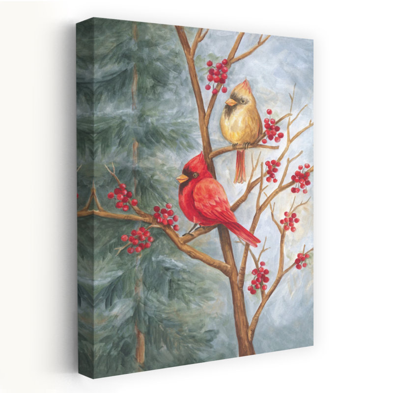 Cardinals In Berry Tree - Contemporary Cardinal Birds Winter Tree Red Berries Art, 36" H x 24" W