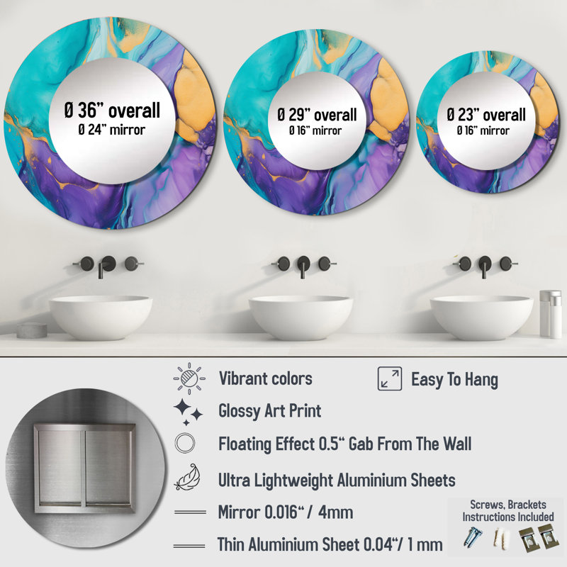 Shanden Turquoise and Purple Liquid Art I - Fractals Unique Wall Mirror, Turquoise Round Mirror, Printed Metal Art, 23" x 23"