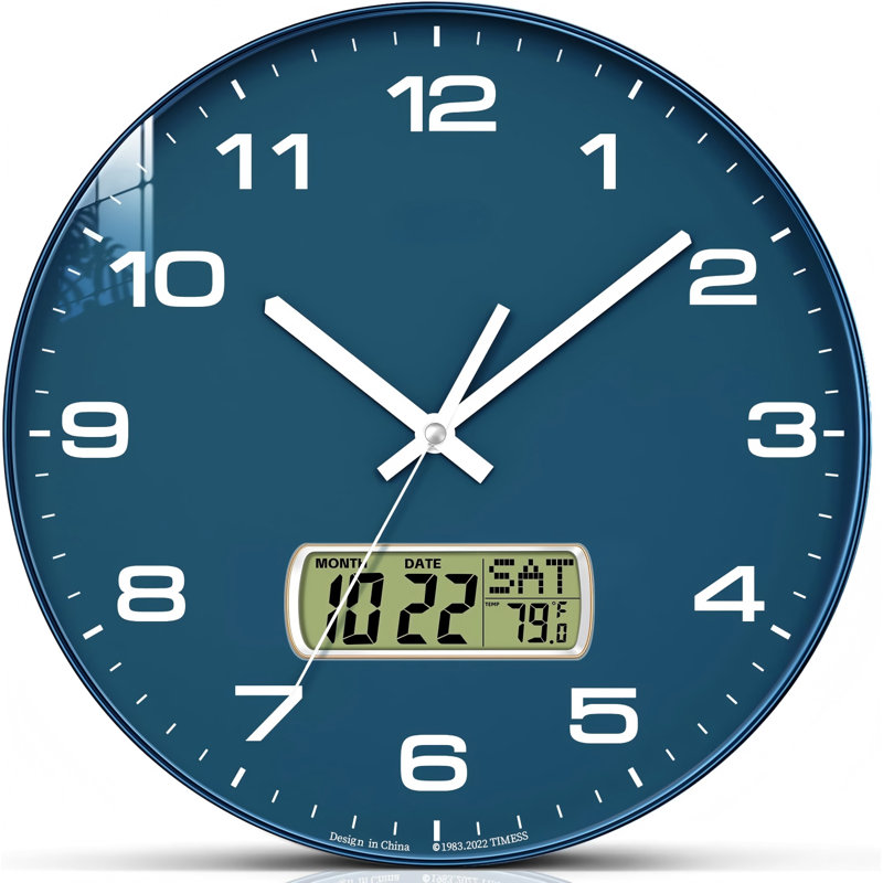 Horloge murale, cadran 12 po, analogique à pile, avec affichage à cristaux liquides pour calendrier perpétuel et température F °, idéal pour une maison moderne, une chambre à coucher, une cuisine, un bureau (bleu)