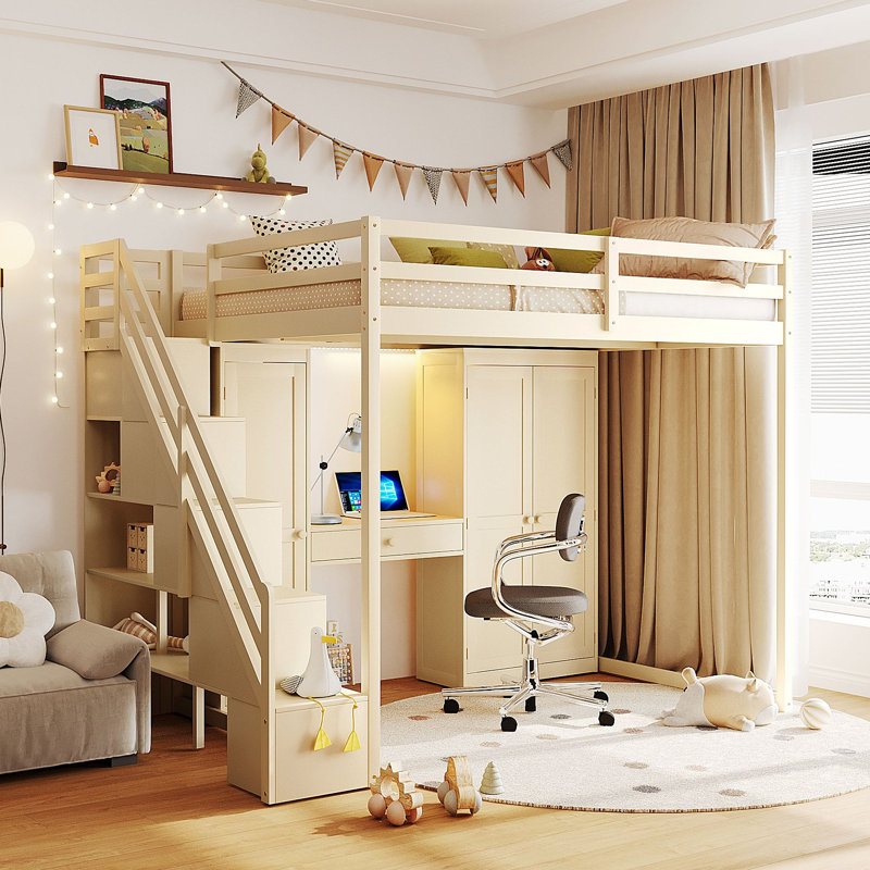 Lit mezzanine avec escalier de rangement, coiffeuse intégrée avec miroir et tiroir, garde-robe et armoires, ports et lumières de chargement USB