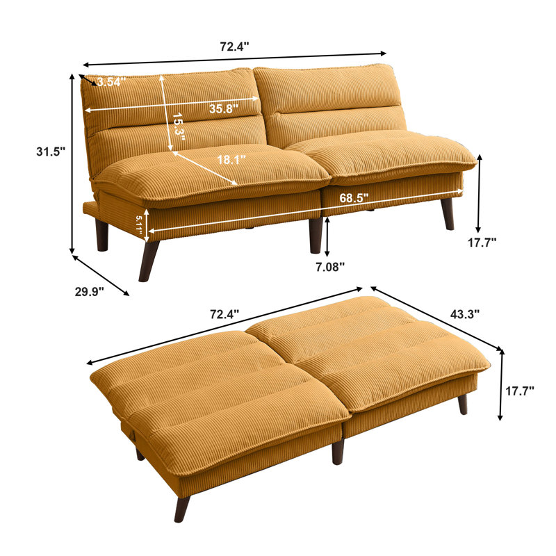 72.4" Cordury Soft Armless Futon Sofa Bed, Ginger Yellow Corduroy