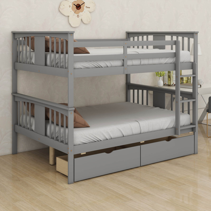 Lit superposé en bois avec tiroirs, lit superposé convertible avec échelles et deux tiroirs de rangement, cadre de lit détachable en bois massif avec échelles, double sur double