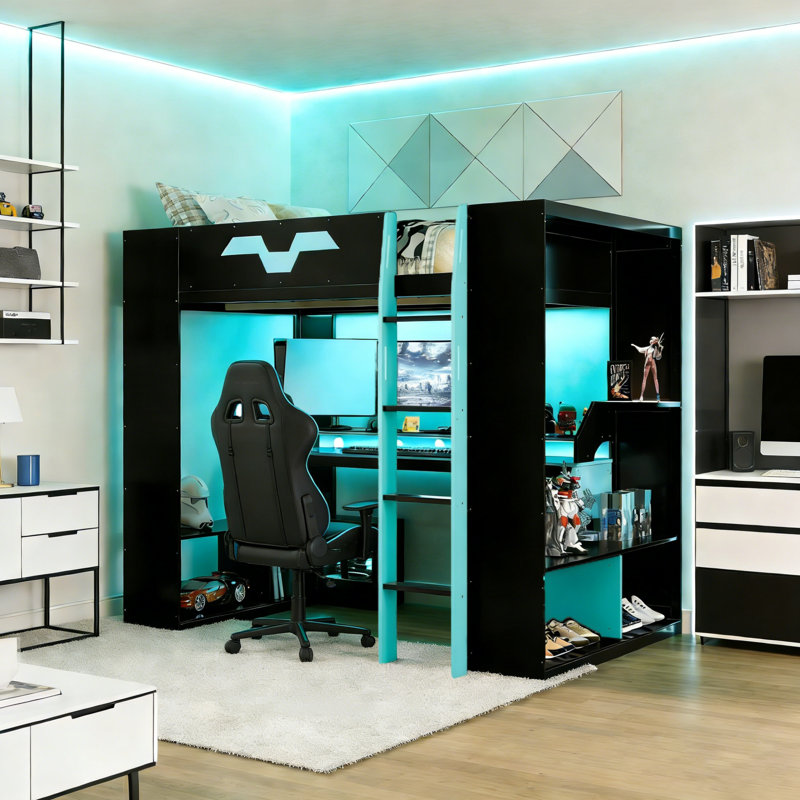 Lit mezzanine Modern Gaming avec bureau d'ordinateur intégré, support pour moniteur lumineux, prises de courant et tablettes de rangement