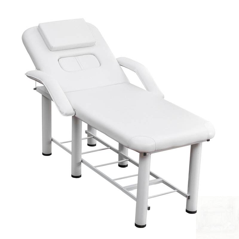 Lit de beauté professionnel avec appui-tête amovible, coussins de poitrine, accoudoirs et tablette de rangement pour massage complet du corps, du visage, tatoo et spa, blanc