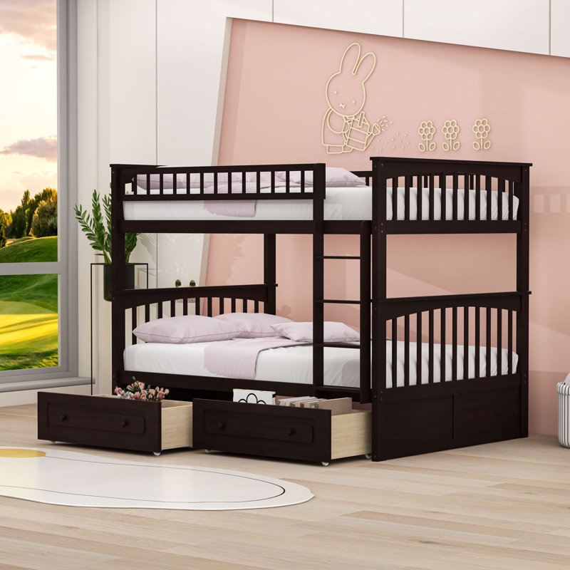 Lit superposé double au-dessus de 2 tiroirs en bois avec garde-corps, convertible en 2 lits, Espresso