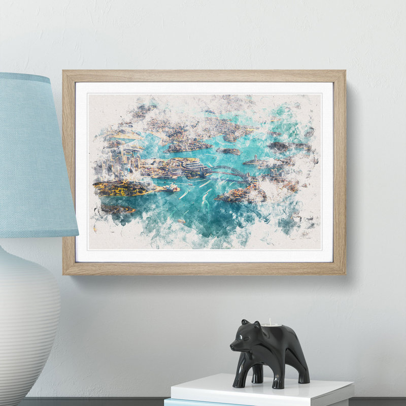 Birds Eye View Of Sydney Australia Watercolour - Single Picture Frame Print on MDF, Oak Framed, 62cm H x 87cm W x 2cm D