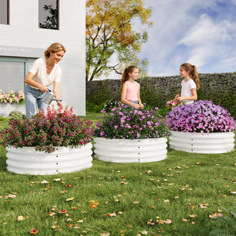 2 Pack Round Galvanized Steel Raised Garden Bed 2x2x1 ft, Rust-Resistant Planter Box for Patio Garden, White