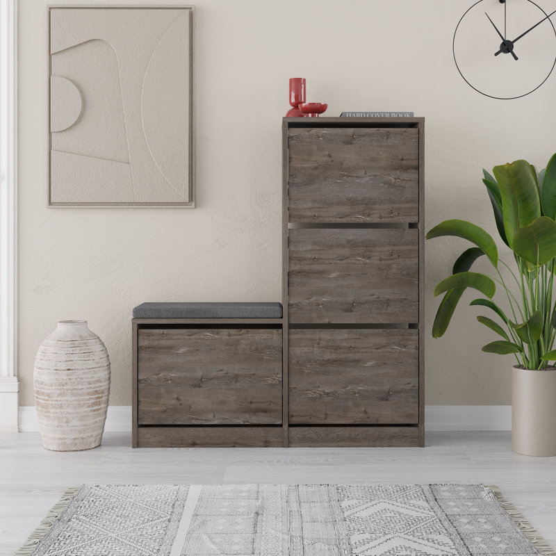 Dude Modern Bench Shoe Cabinet 4 Drop-Doors, Dark Coffee