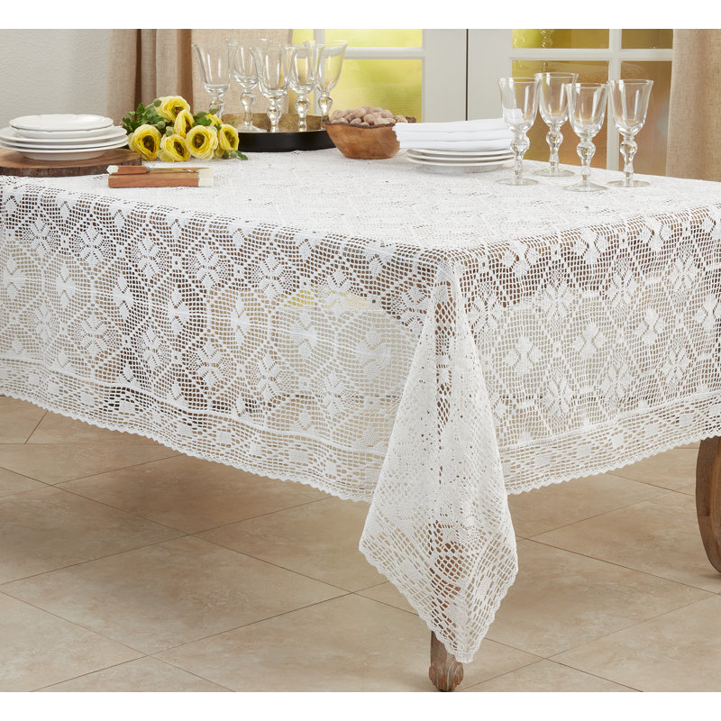 White Rectangular Cotton Blend Crochet Tablecloth
