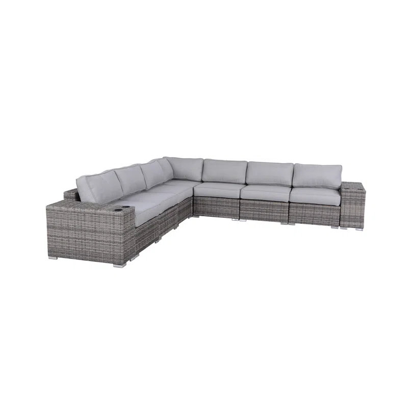 Canapé modulaire en osier 9 pièces avec coussins et porte-gobelets Dominic