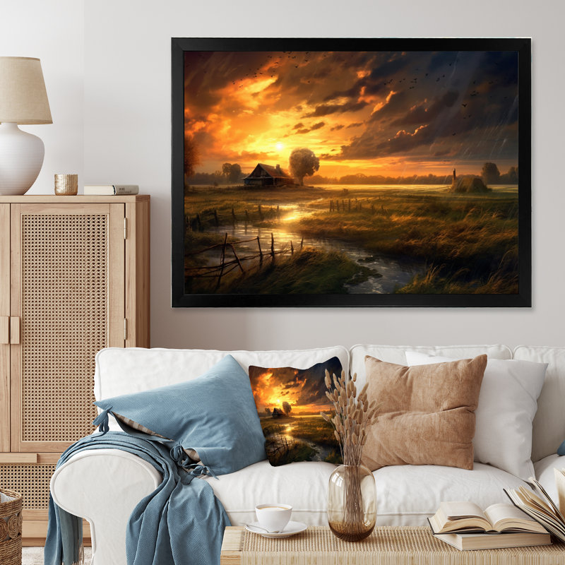 «Glorious Sunset Over Waterway In The Fields I», reproduction sur toile, Cadre simple noir, H 30 po x l 40 po x P 1,5 po