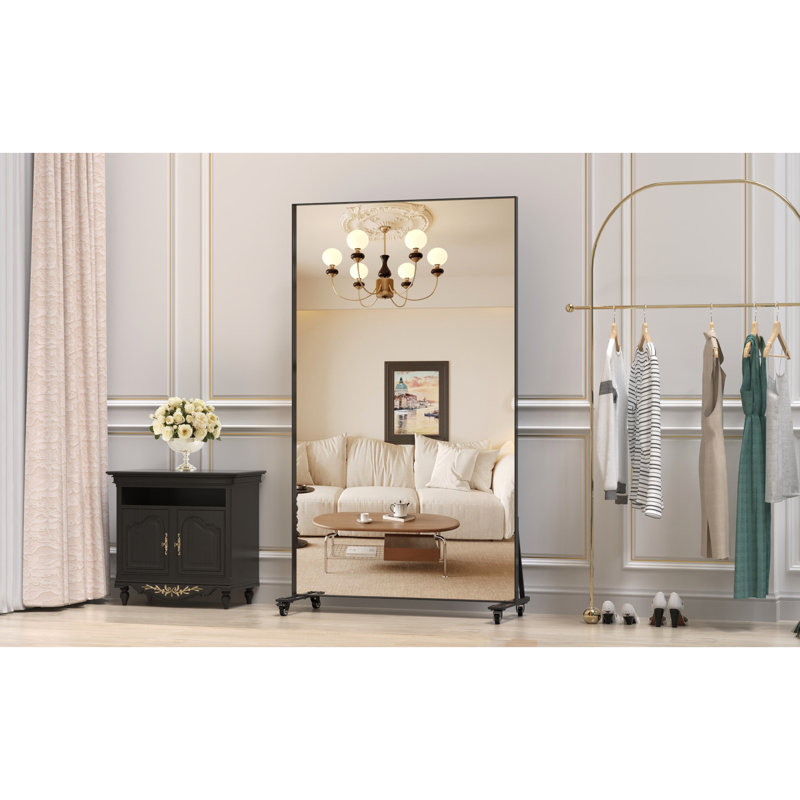 Miroir surdimensionné 67 po x 40 po, miroir carré noir avec cadre et roues en métal, reflet de haute qualité