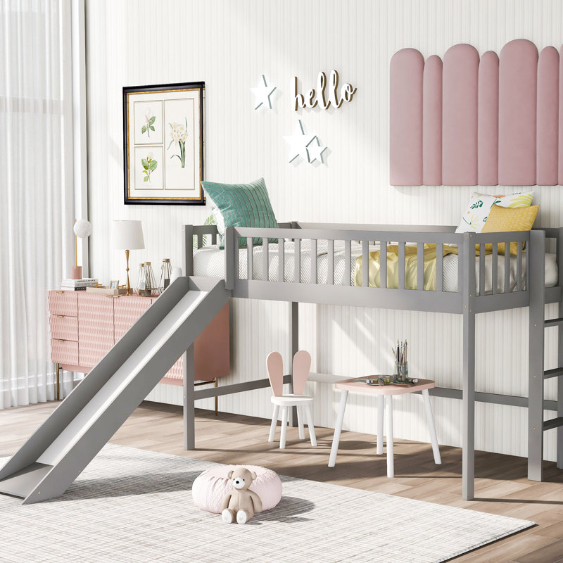 Lit mezzanine simple avec glissade Fun - gris, Gris, Lit simple