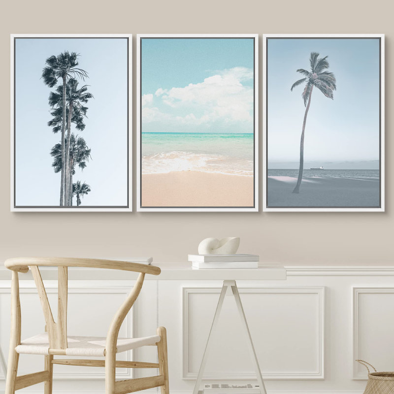 Beach And Plants " Washed Out Neon Blue Beach Shore Horizon Coastal Nautical Photography Modern Art Seascape Relax " 3 Piece Art Print