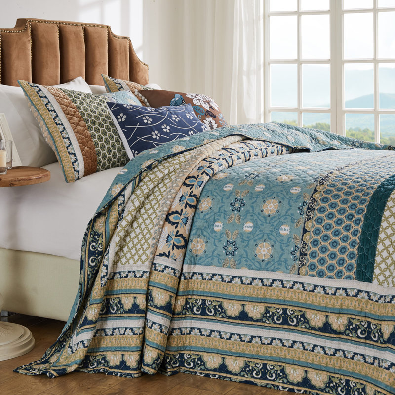 Thalia Blue and Brown Cotton King Reversible Bedspread Set