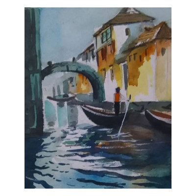 Une promenade en bateau à Venise | Aquarelle sur papier Chitrapat | Par Chakradhar Mahato