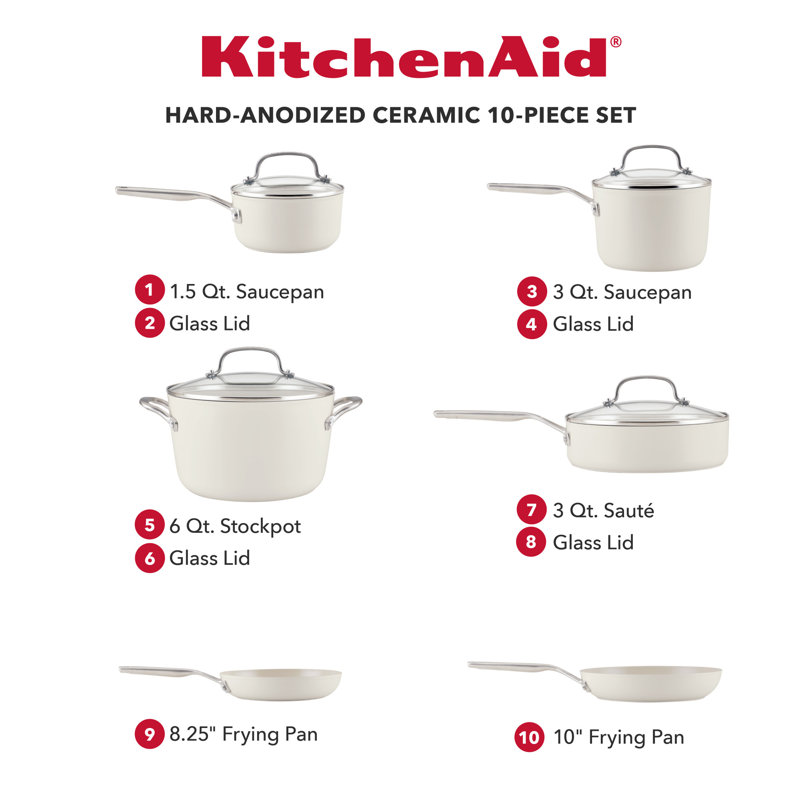 Kitchenaid Hard Anodized Ceramic Nonstick Cookware Pots And Pans Set, 10 Piece, Porcelain White