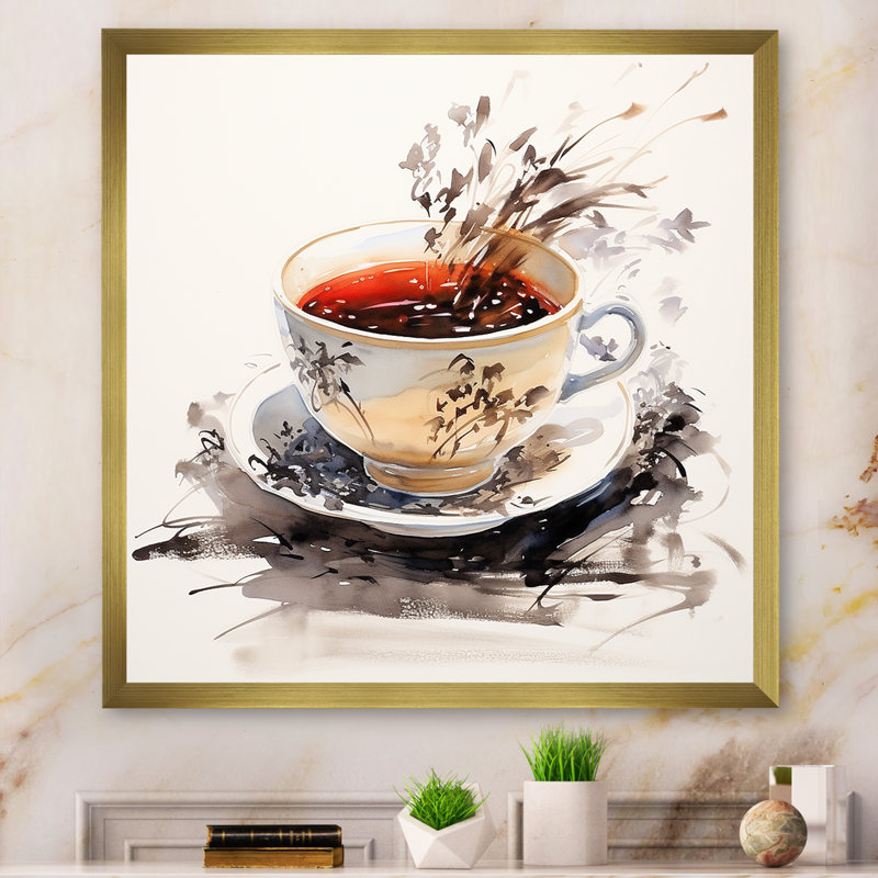 Red Red Teacup Delight I - art mural chinois, Cadre doré simple, H 36 po x l 36 po x P 1,5 po
